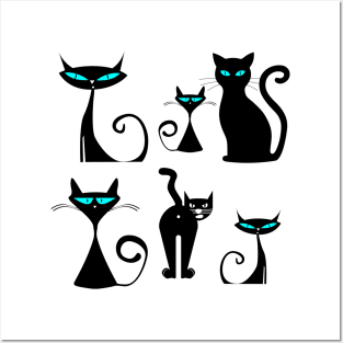 Crazy Cats Pattern in Black Posters and Art